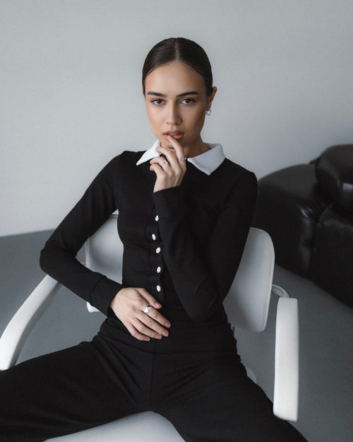 Black Jumpsuit with White Collar