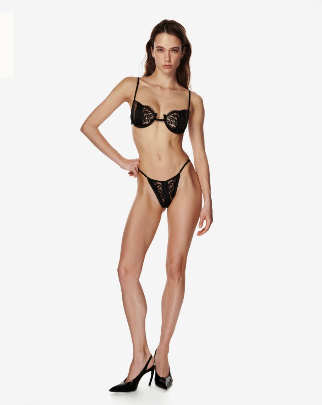 Pleasure Silk, Lace and Polka-dot Mesh Balconette in Black